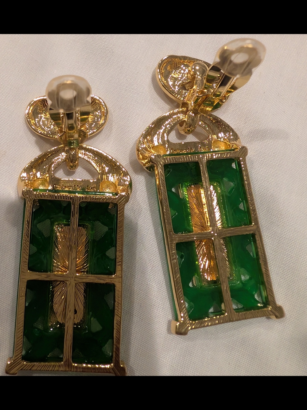 Catwalk Jon Gold-Tone Green Resin Drop Earrings with Purple Crystal Accents - Picture 4 of 7